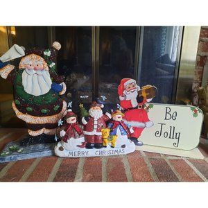 3 Large SANTA Claus wood metal & figures Vintage Christmas Decor hanger mantle